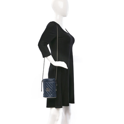 Gucci Vintage Effect Calfskin Matelasse Diagonal Mini Torchon GG Marmont 2.0 Bucket Bag Blue Agata Mystic White 3 of 10
