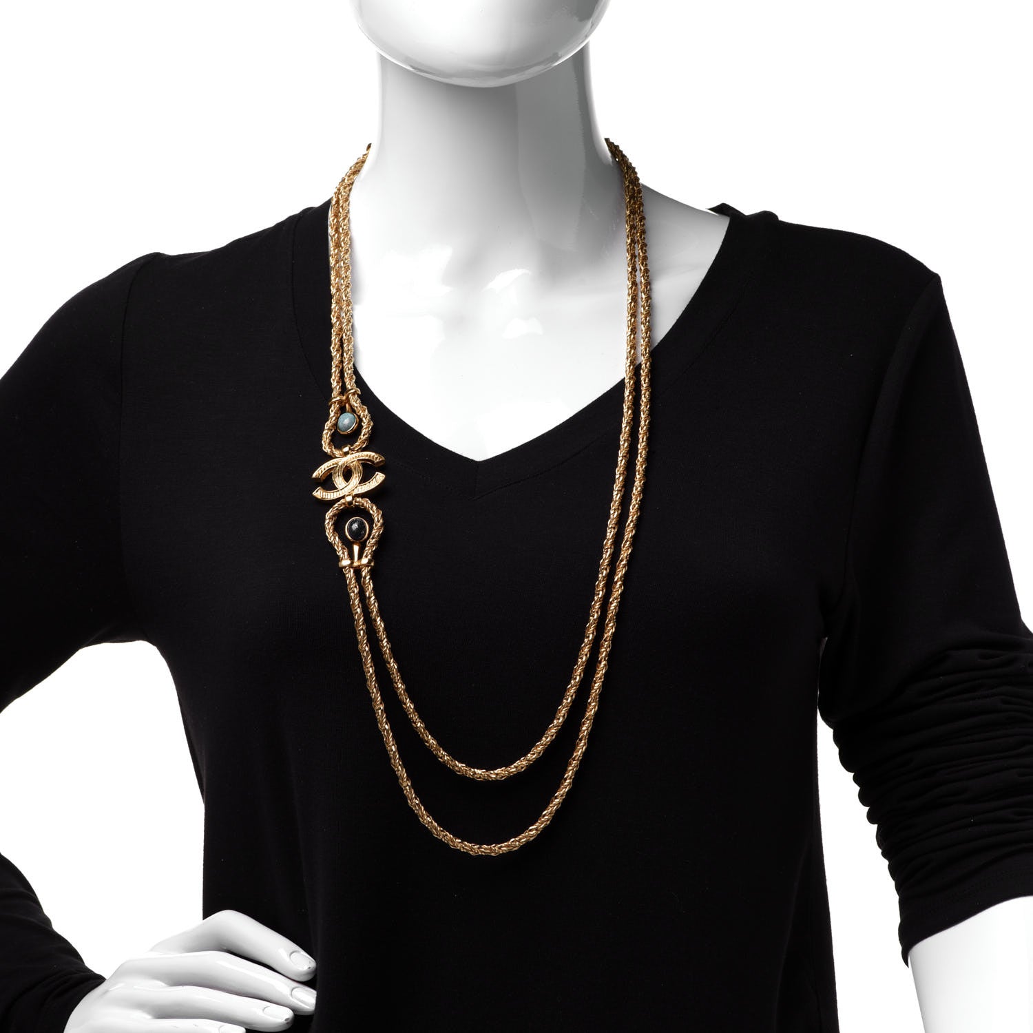 Chanel Gripoix Poured Glass Braided CC Long Necklace Gold Green Blue 2 of 6