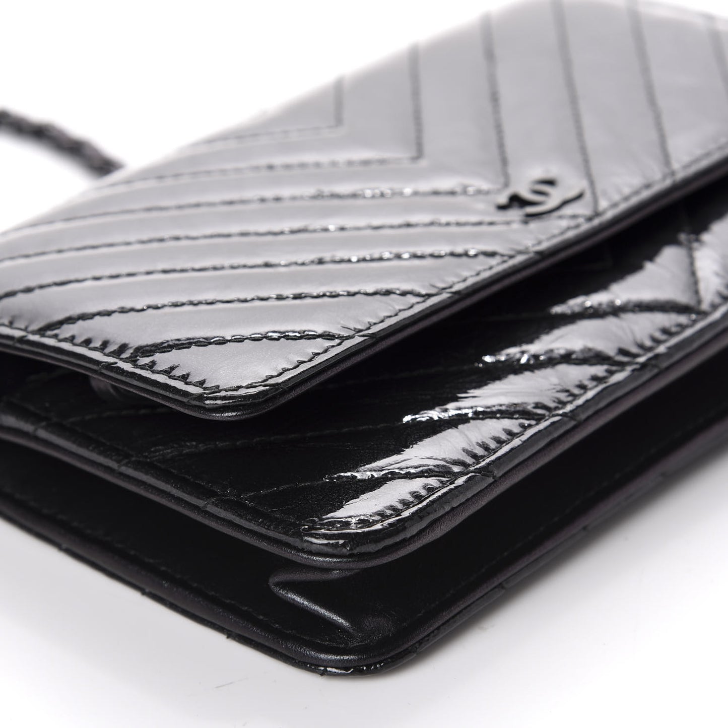 Patent Metallic Crumpled Calfskin Chevron Quilted Wallet On Chain WOC Black