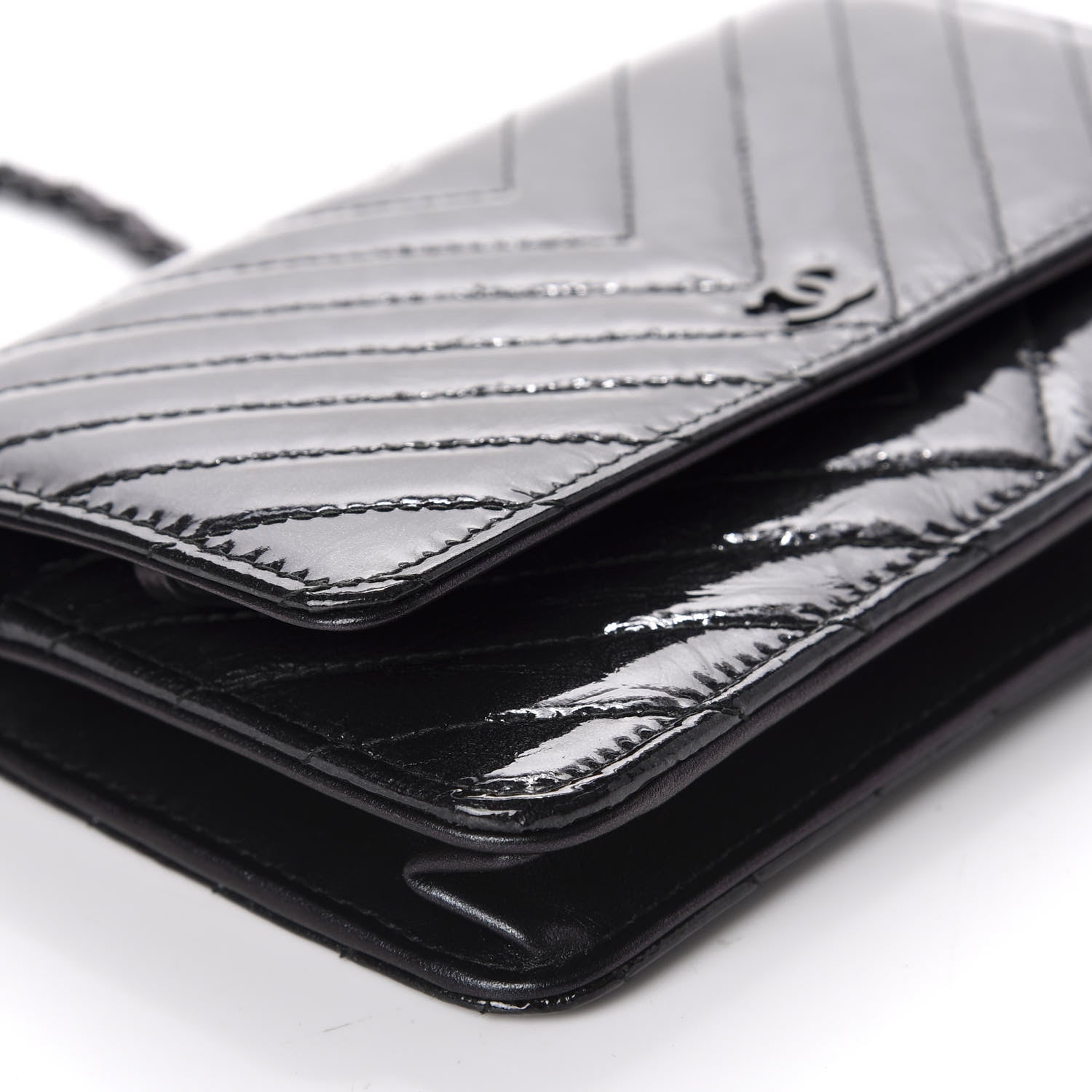 Chanel Patent Metallic Crumpled Calfskin Chevron Quilted Wallet On Chain WOC Black 6 of 12