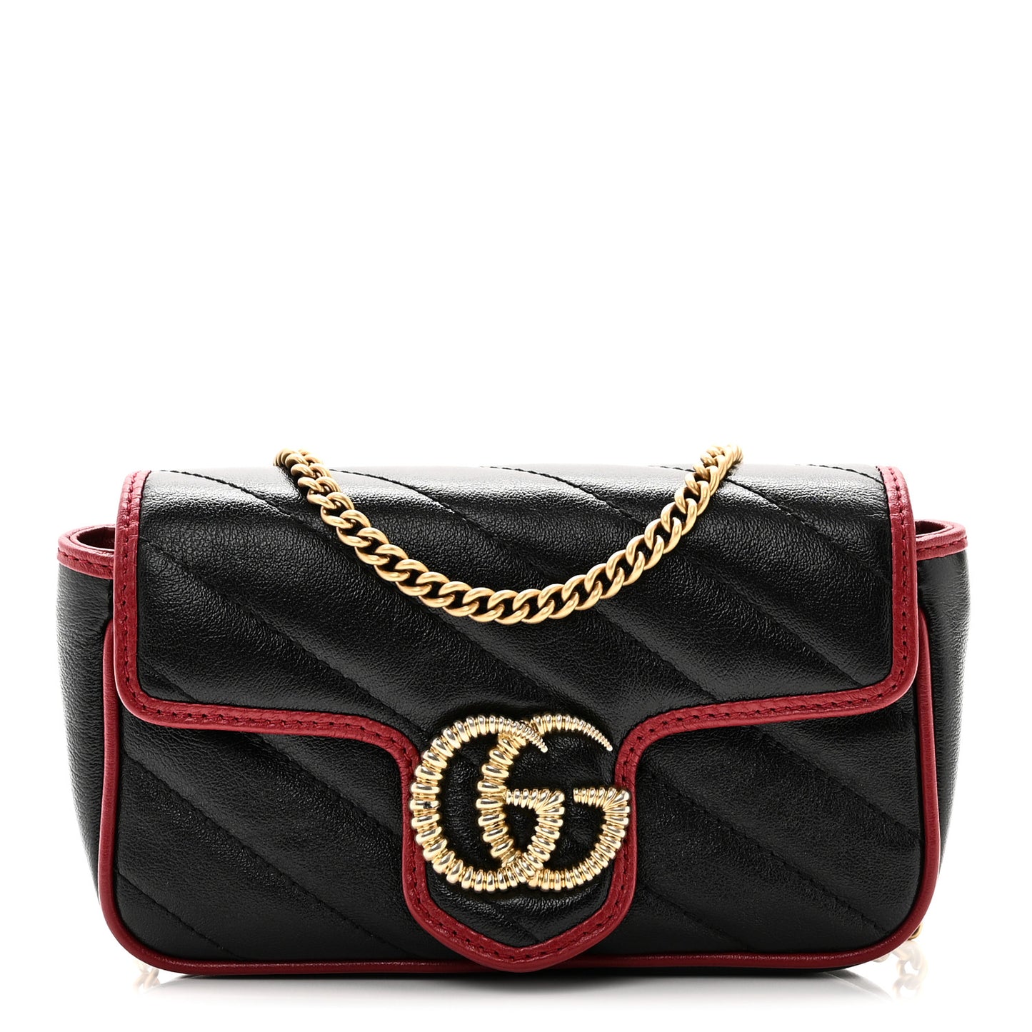 Vintage Effect Calfskin Matelasse Diagonal Super Mini Torchon GG Marmont Shoulder Bag Black Romantic Cherry