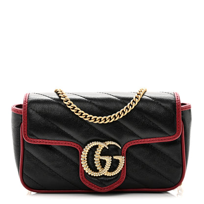 Gucci Vintage Effect Calfskin Matelasse Diagonal Super Mini Torchon GG Marmont Shoulder Bag Black Romantic Cherry 1 of 10