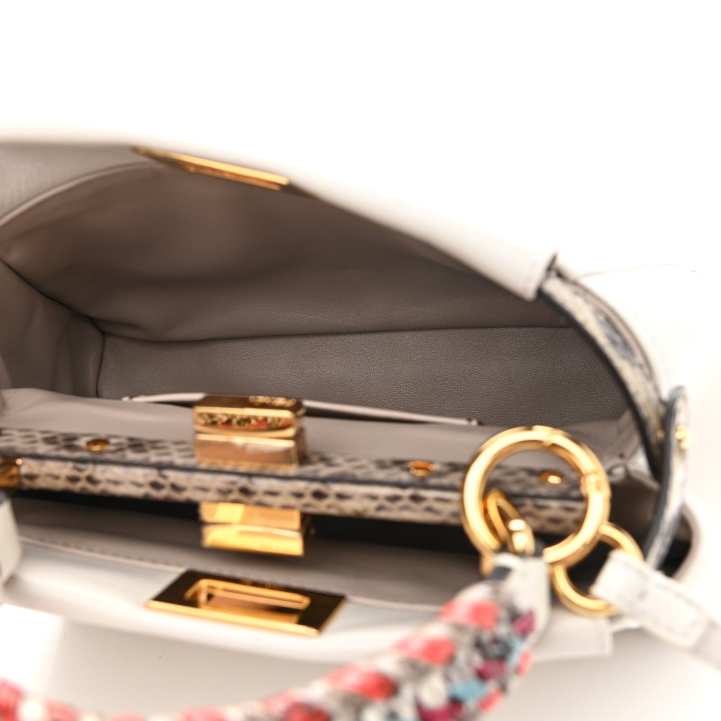 Nappa Elaphe Woven Handle Mini Peekaboo Iconic Satchel White Grigio Polvere