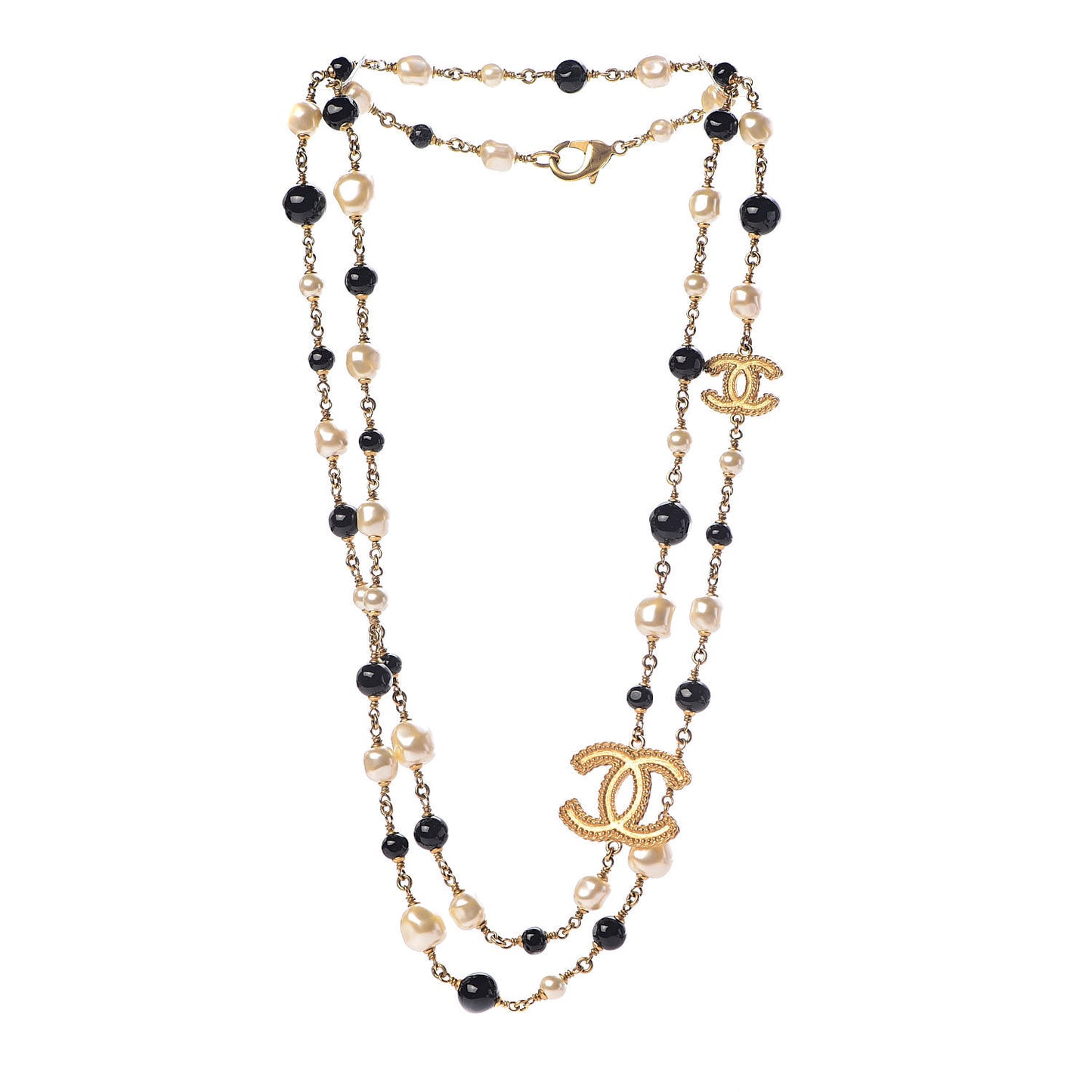 Pearl Bead CC Long Necklace Black Gold