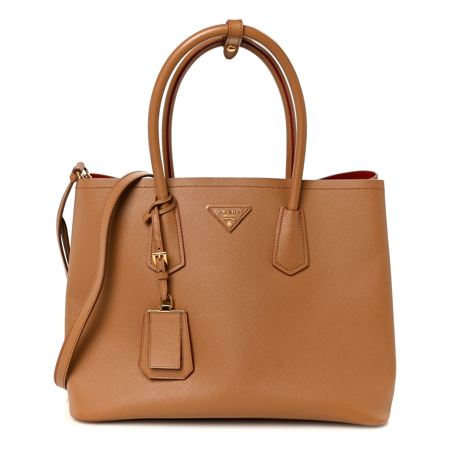 Prada Saffiano Cuir Large Double Bag Caramel Fuoco 1 of 12