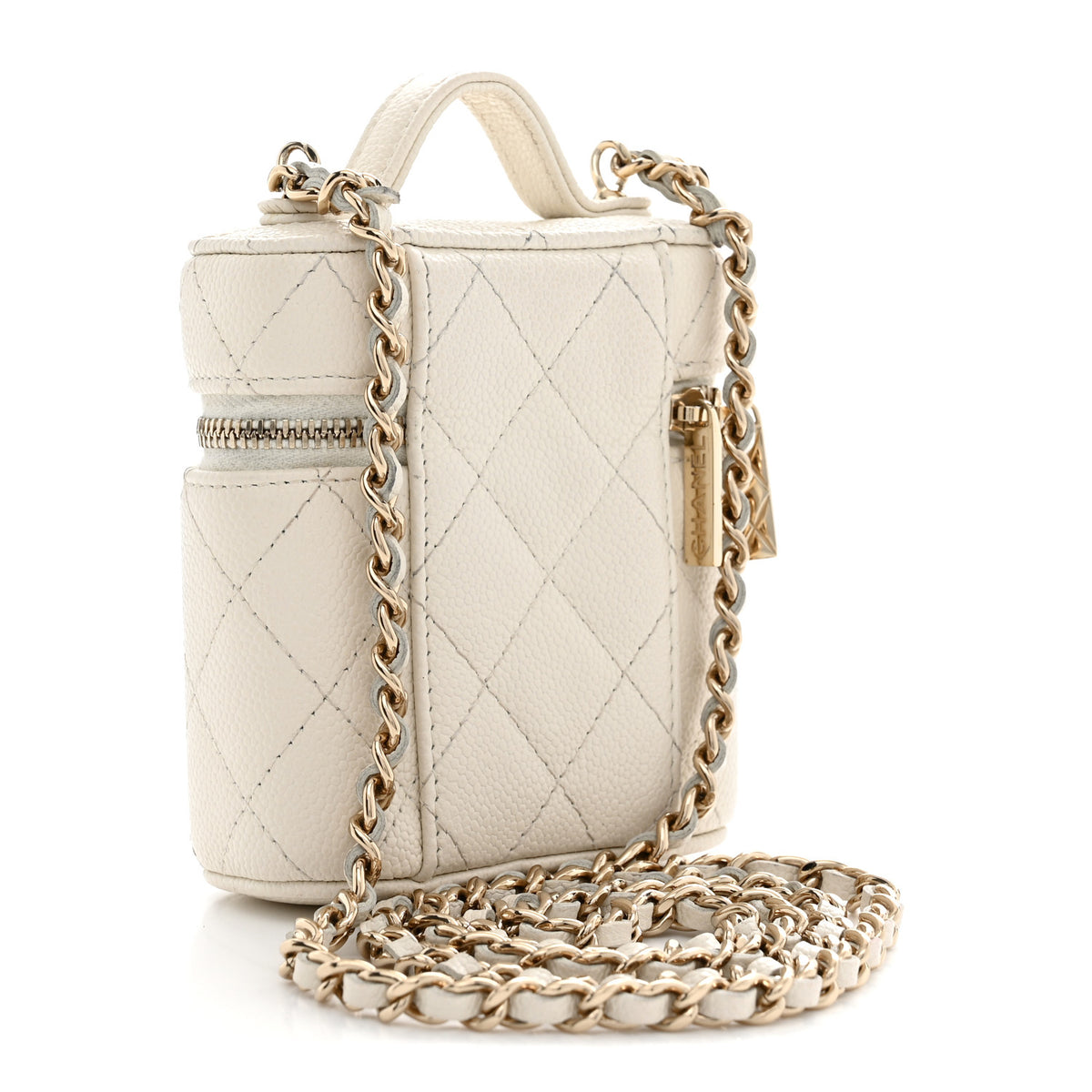 Caviar Quilted Small Handle With Care Vanity Case With Chain White