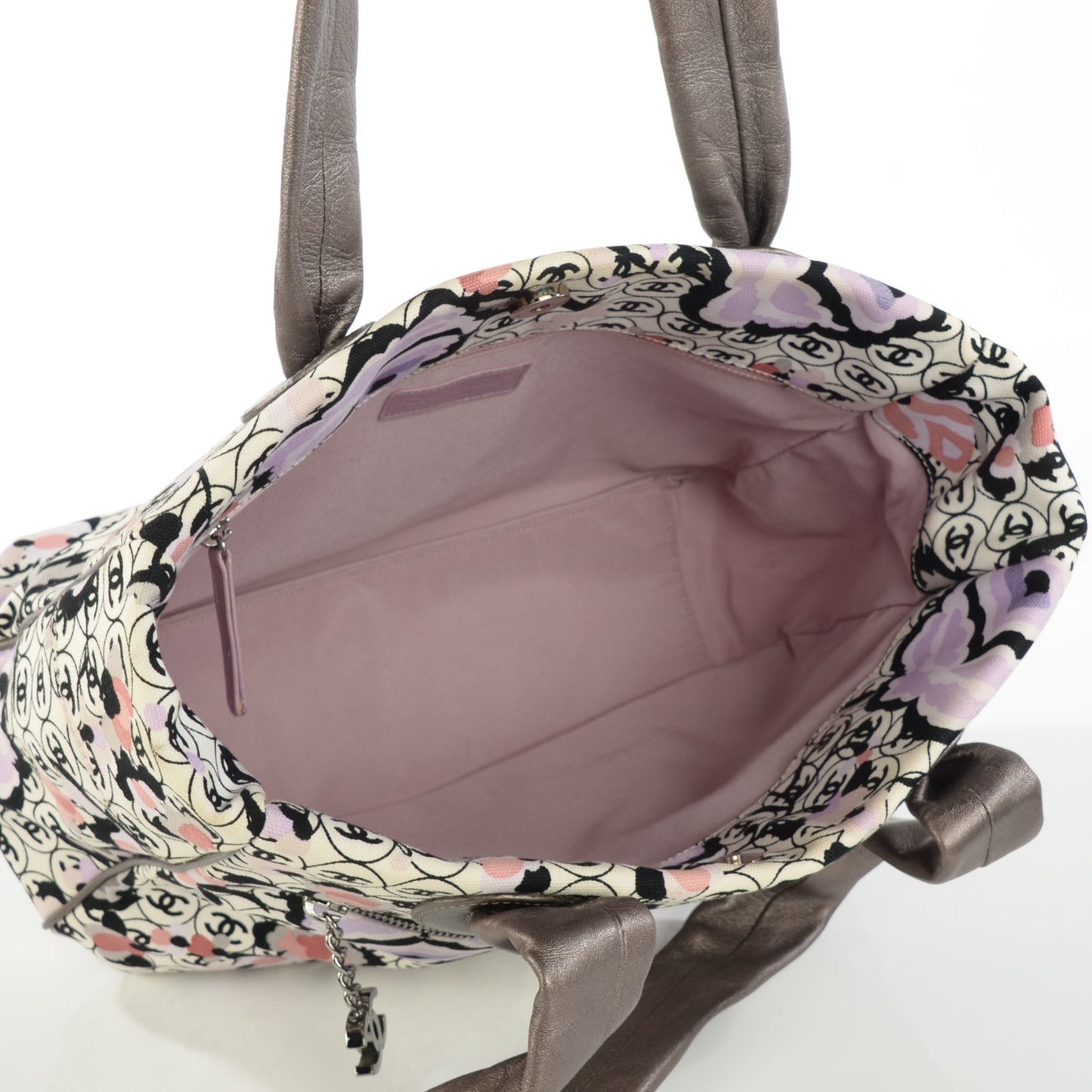 Metallic Calfskin Canvas CC Camellia Tote Pink White