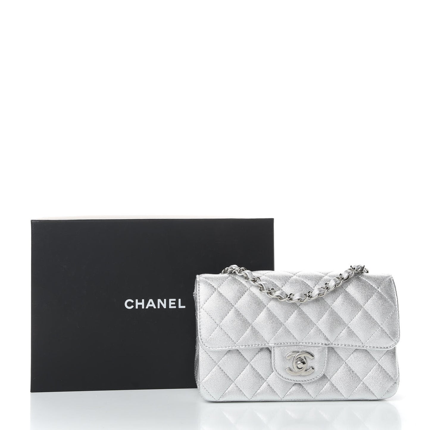 Metallic Lambskin Quilted Mini Rectangular Flap Silver