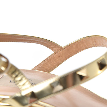 Valentino Garavani Metallic Calfskin Raffia Rockstud T-Strap Slingback Espadrille Wedge Sandals 39 Gold 13 of 21