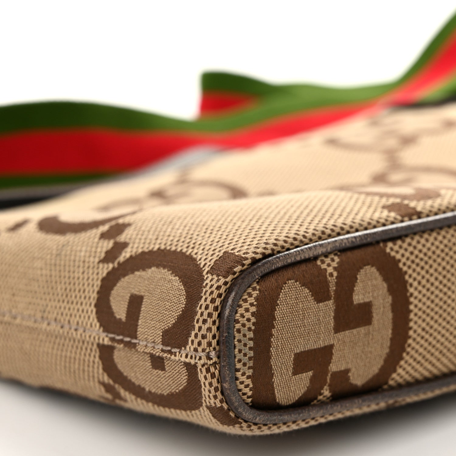 Gucci Monogram Jumbo GG Textured Dollar Calfskin Web Wristlet Messenger Bag Camel Ebony New Acero 9 of 11