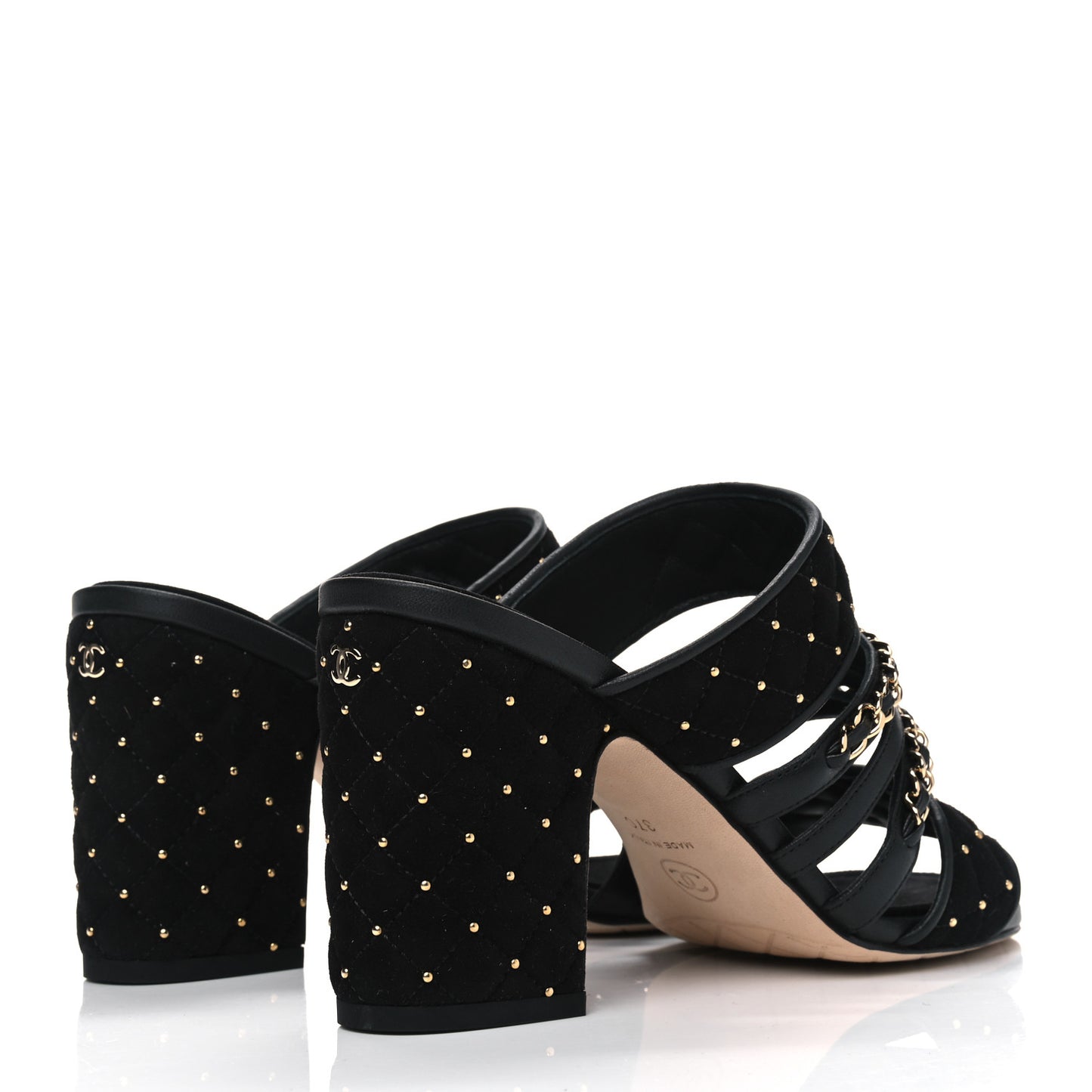 Velvet Studded Chain Mule Sandals 37 Black