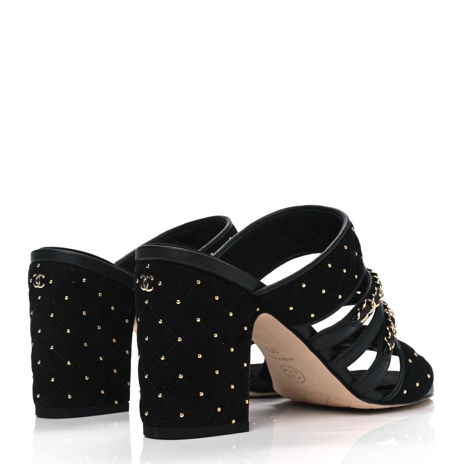 Chanel Velvet Studded Chain Mule Sandals 37 Black 3 of 4