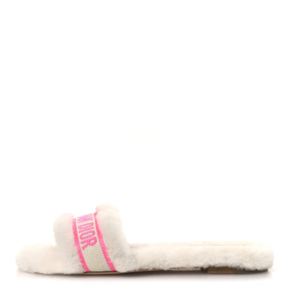 Christian Dior Shearling Canvas Embroidered Chez Moi Slide Sandal 40 White Pink 1 of 11