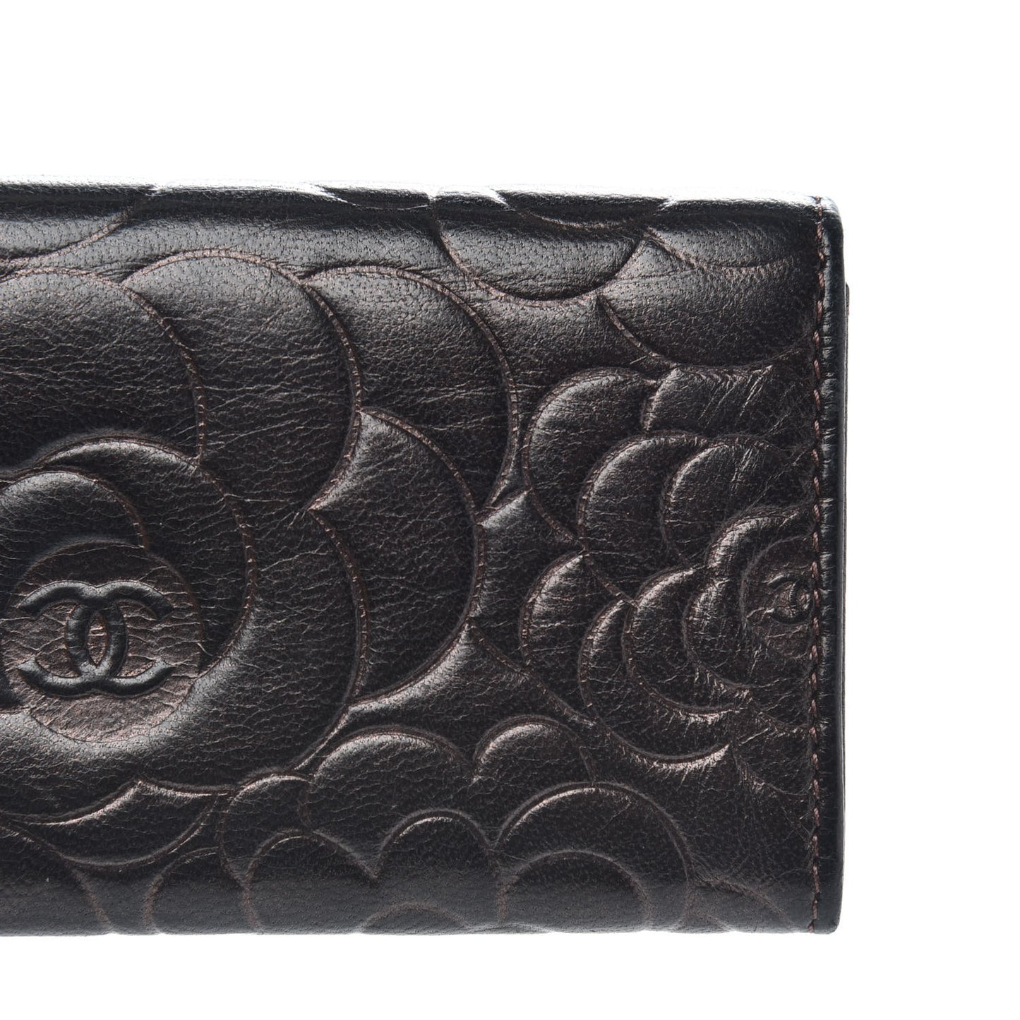 Lambskin Camellia Embossed Flap Card Holder Brown