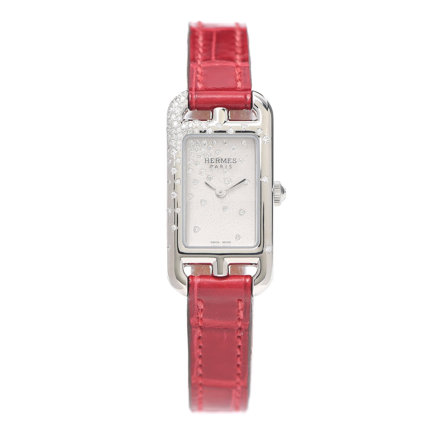 Hermes Stainless Steel Alligator Diamond 17mm Nantucket Jete De Diamants Quartz Watch Braise 1 of 5