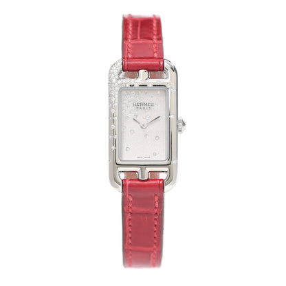 Hermes Stainless Steel Alligator Diamond 17mm Nantucket Jete De Diamants Quartz Watch Braise 1 of 5