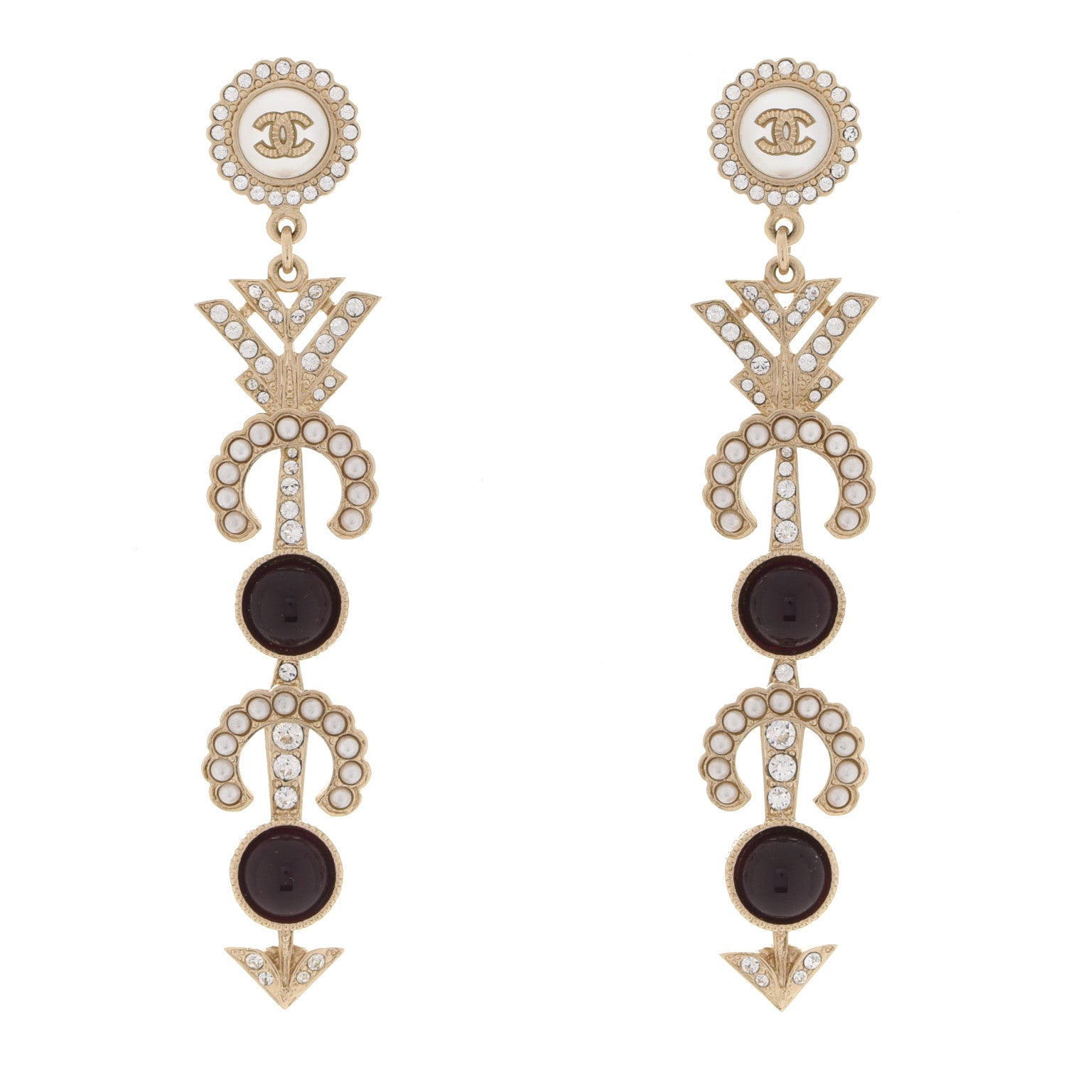 Chanel Pearl Crystal Queen of France CC Drop Earrings Gold 1 of 5