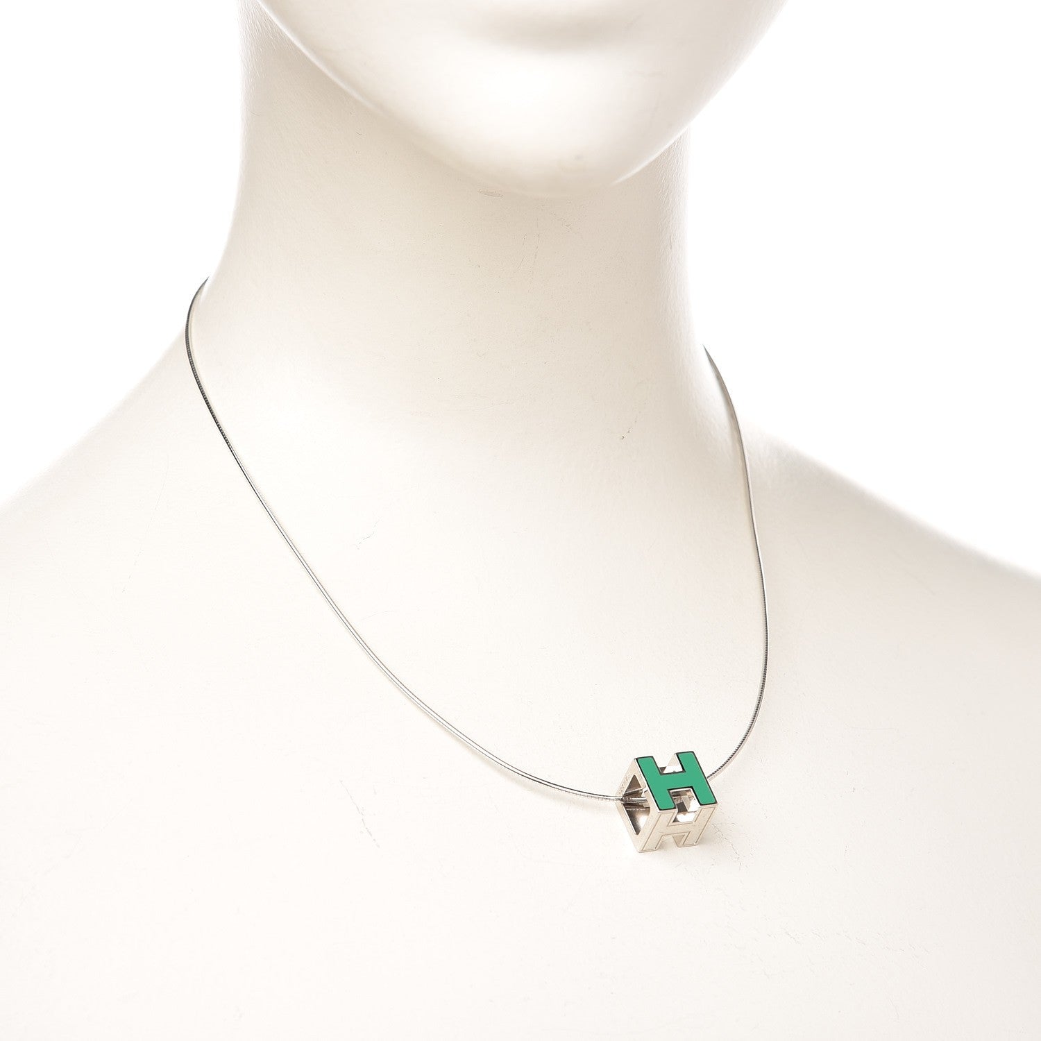 Hermes Lacquered Palladium Cage d'H Pendant Necklace Vert Malachite 2 of 4