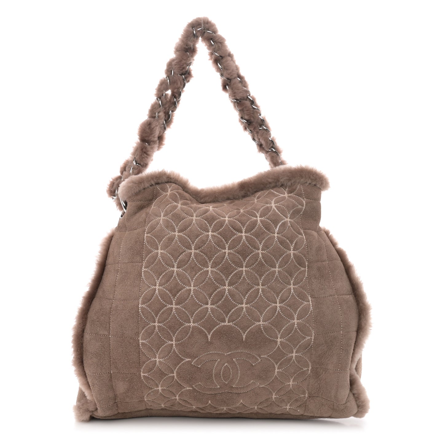Shearling Suede Stiched CC Tote Dark Brown