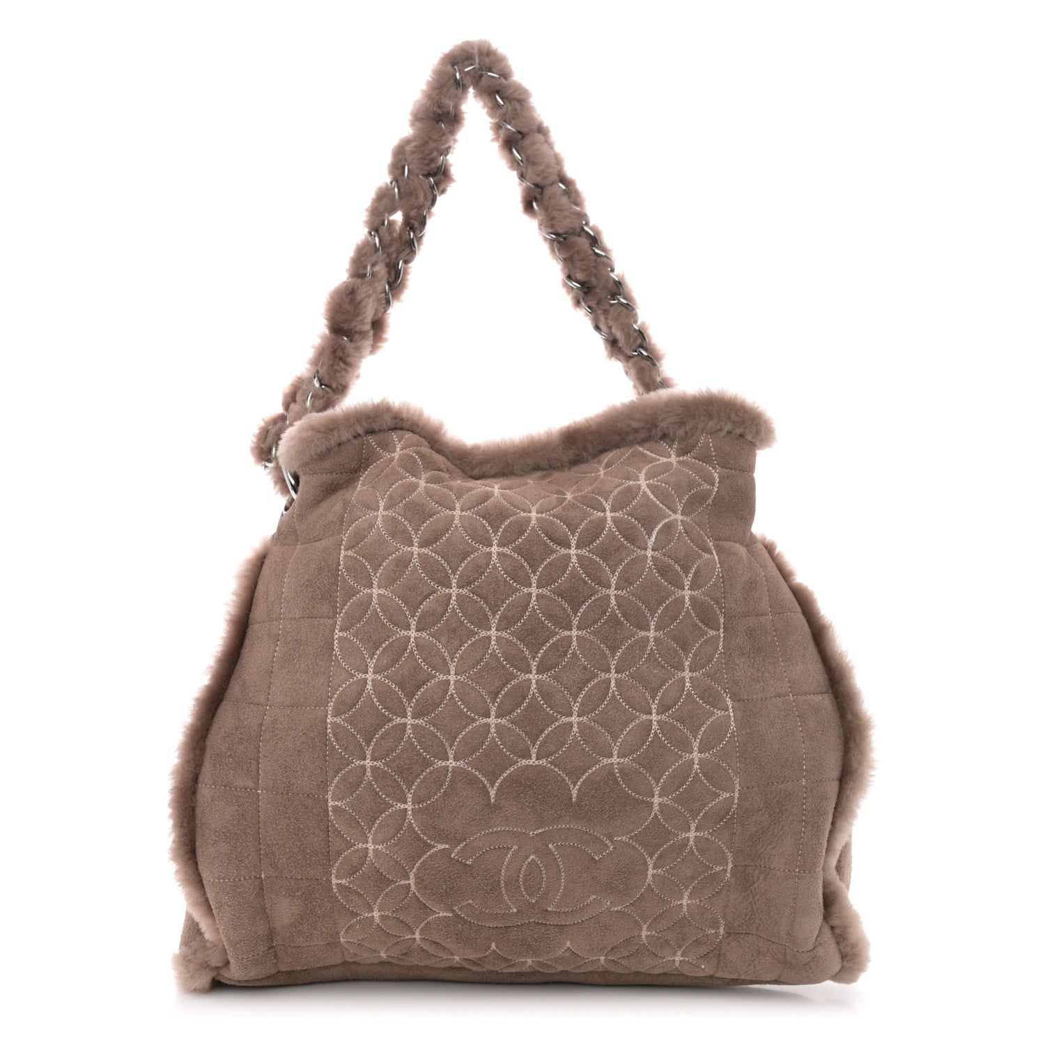 Chanel Shearling Suede Stiched CC Tote Dark Brown 1 of 13