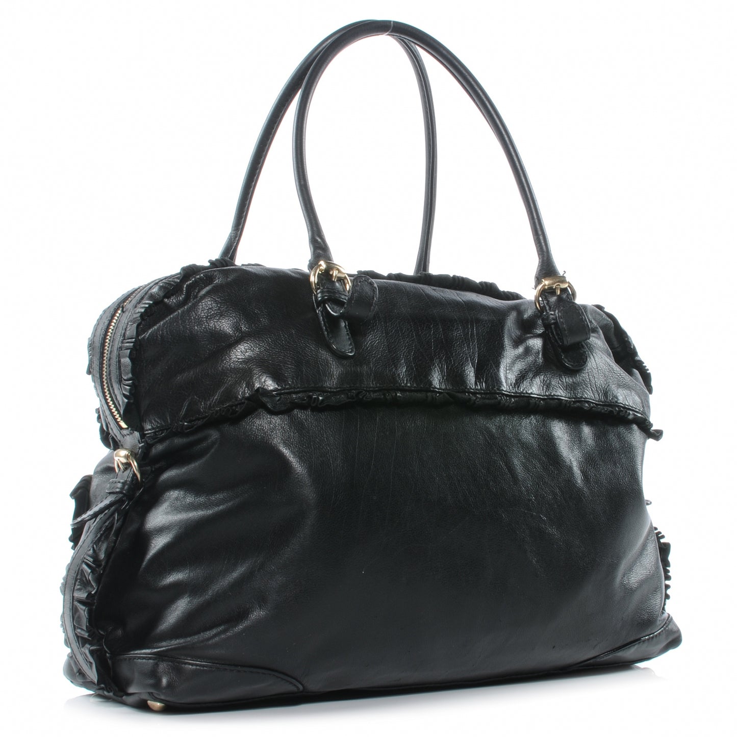 Leather Ruffle Sabrina Boston Tote Black