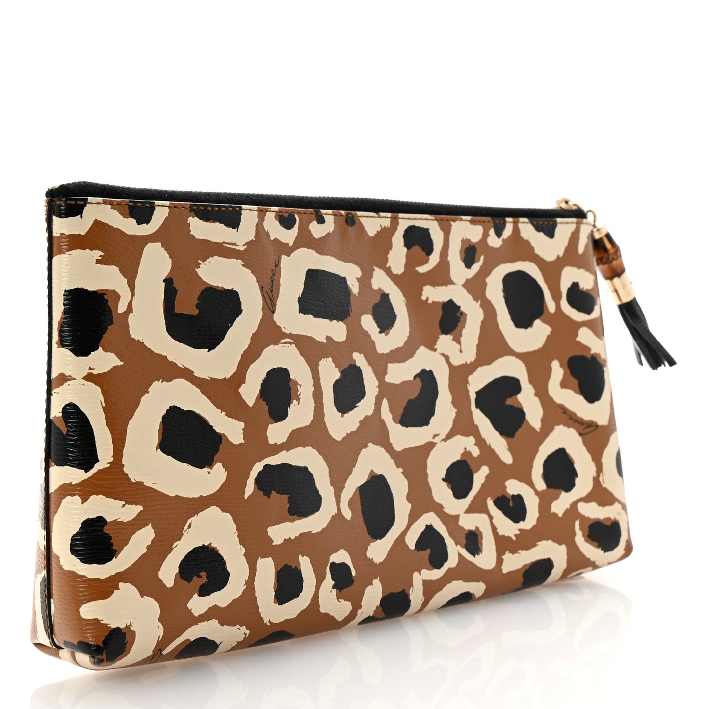 Calfskin Leopard Printed Large Pouch Tobacco