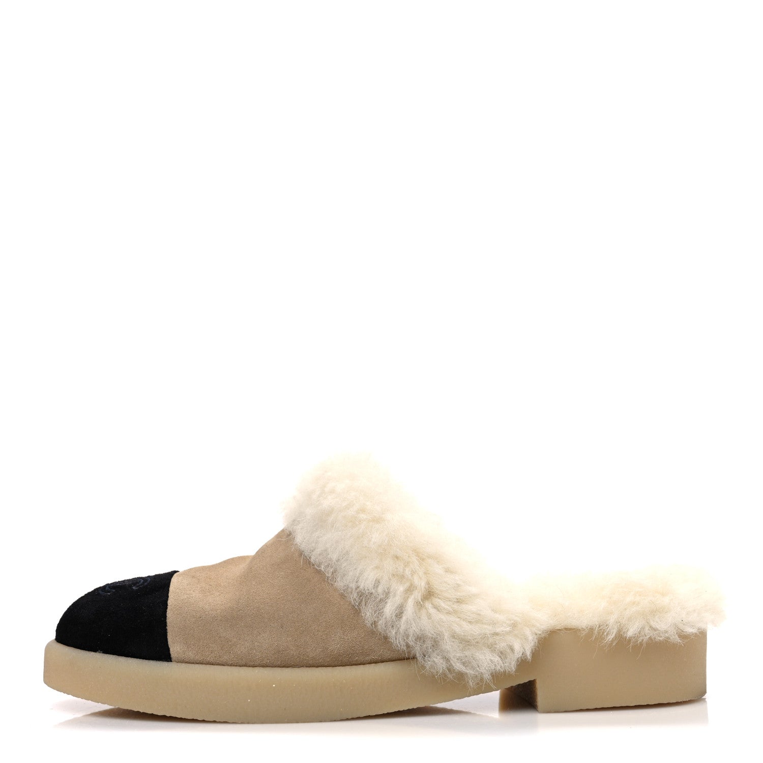 Chanel Suede Shearling CC Cap Toe Mules 41 Beige Black 1 of 10