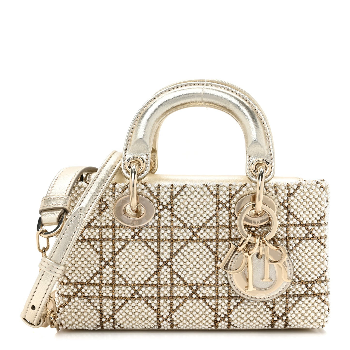 Lambskin Pearl Embroidered Micro Lady D-Joy Gold