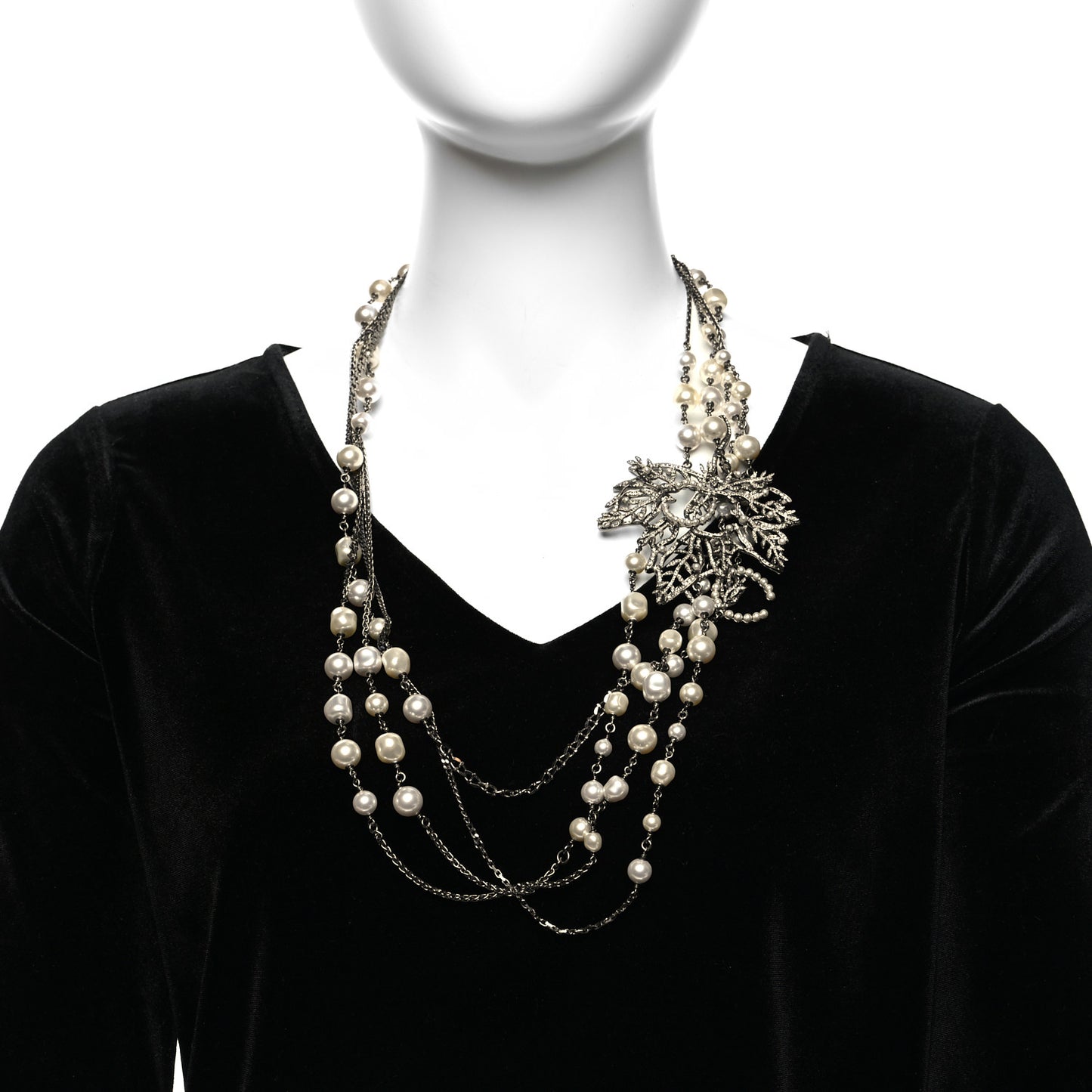 Pearl Crystal CC Leaf Long Necklace Silver