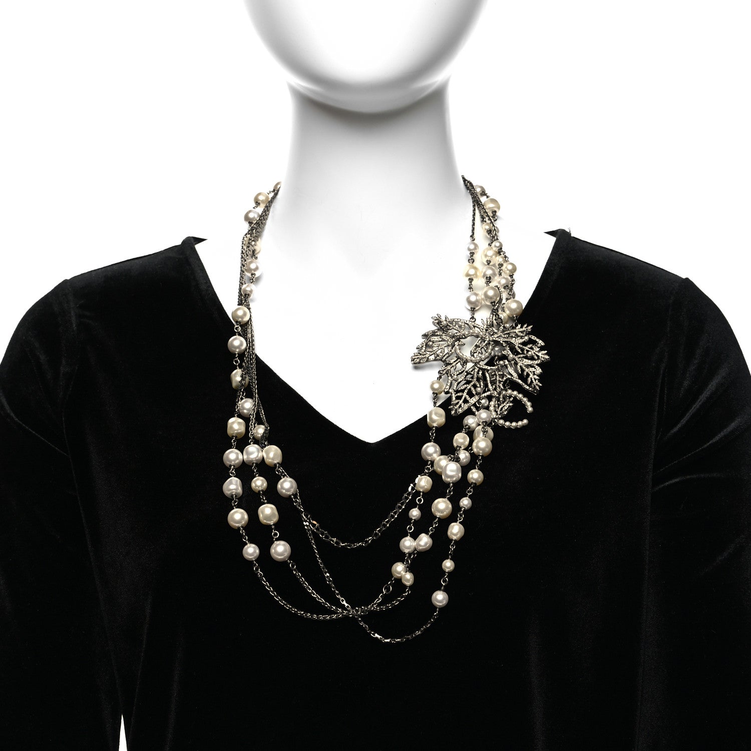 Chanel Pearl Crystal CC Leaf Long Necklace Silver 2 of 6