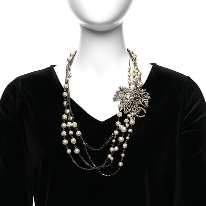 Chanel Pearl Crystal CC Leaf Long Necklace Silver 2 of 6