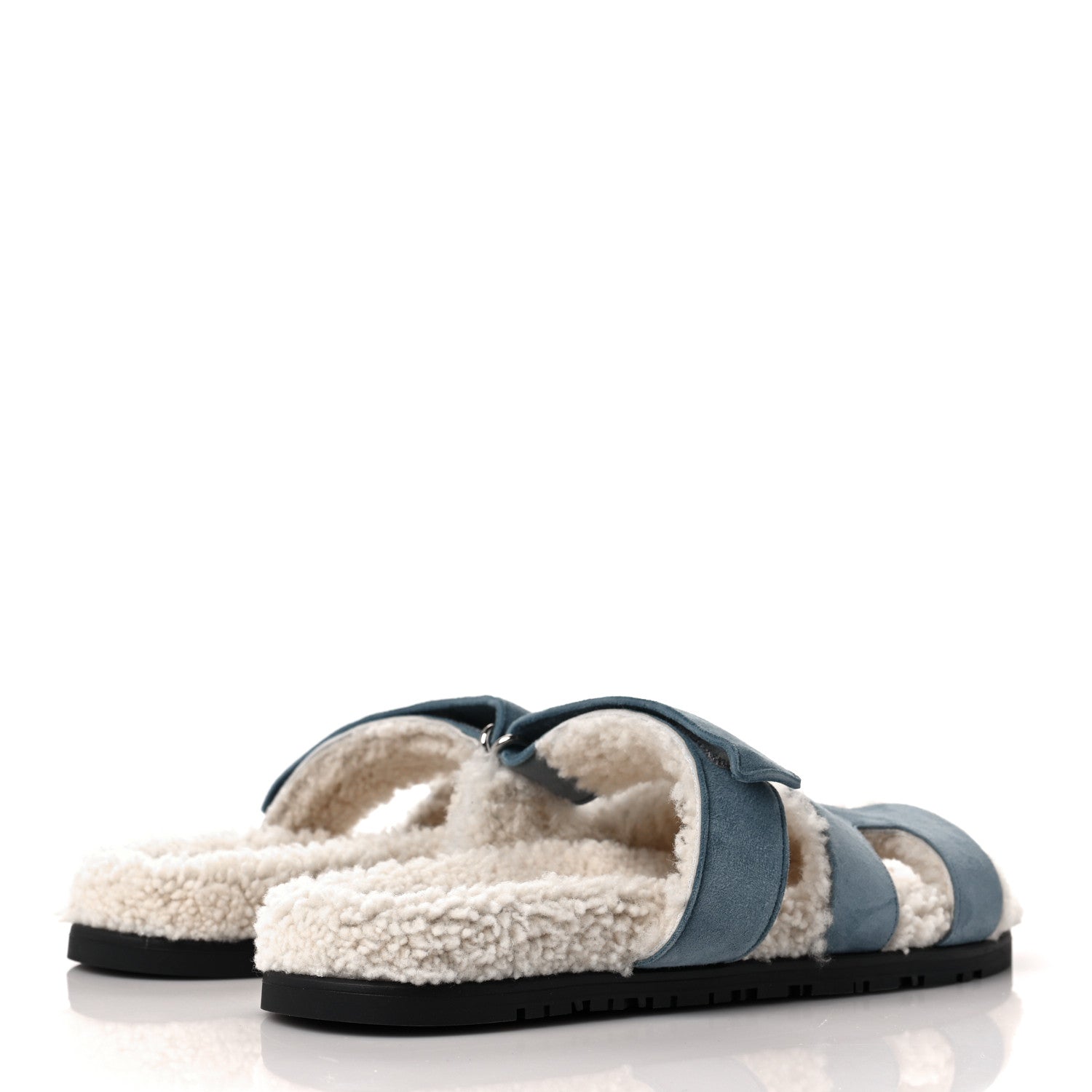 Hermes Suede Goatskin Woolskin Womens Chypre Sandals 39 Bleu Pinede Ecru 4 of 8