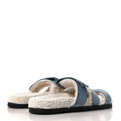 Hermes Suede Goatskin Woolskin Womens Chypre Sandals 39 Bleu Pinede Ecru 4 of 8