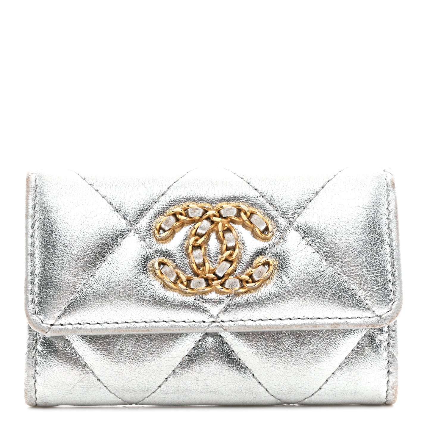 Metallic Goatskin Quilted Chanel 19 Flap Card Holder Silver