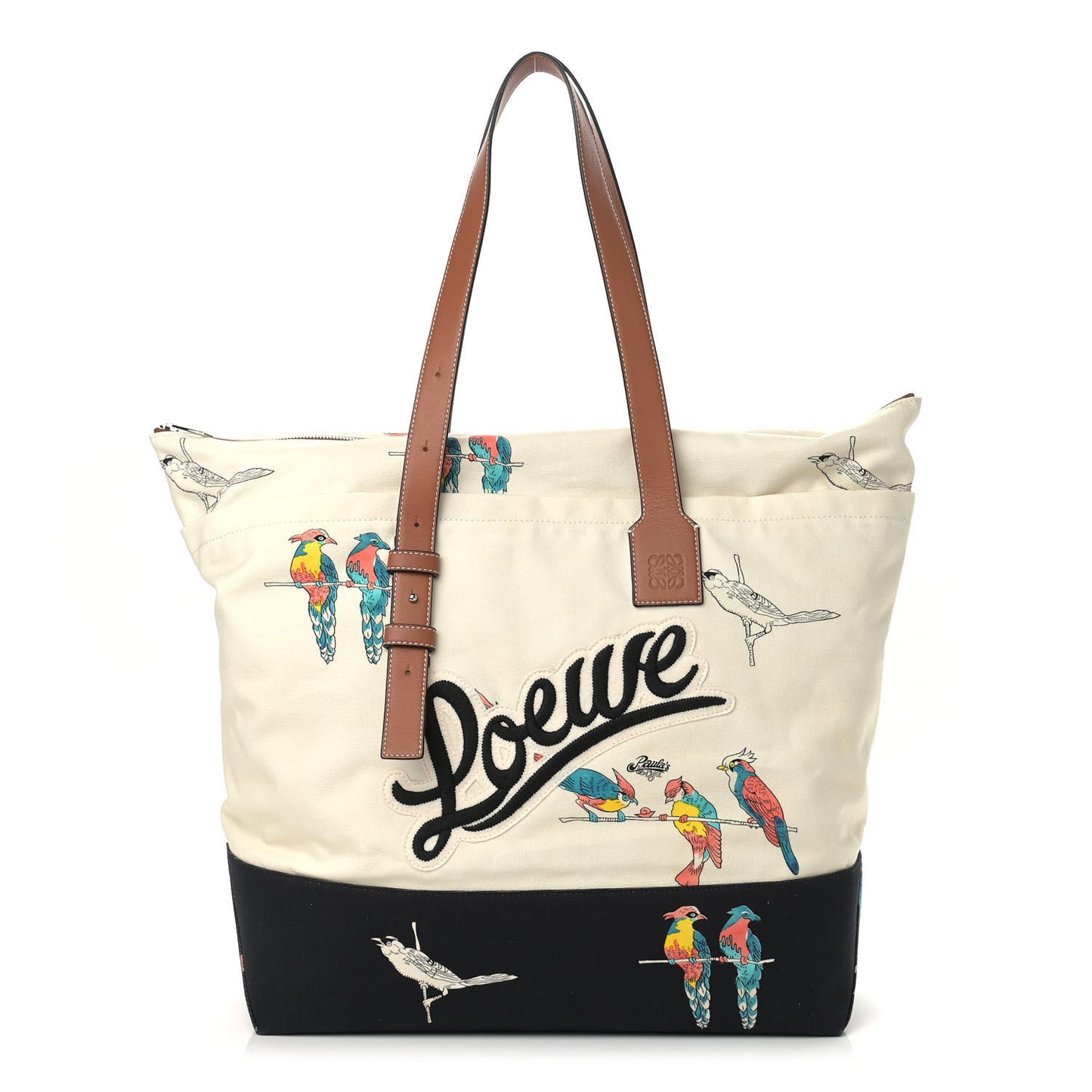 Canvas Calfskin Paulas Ibiza Mens Large Parrot Print Tote Ecru