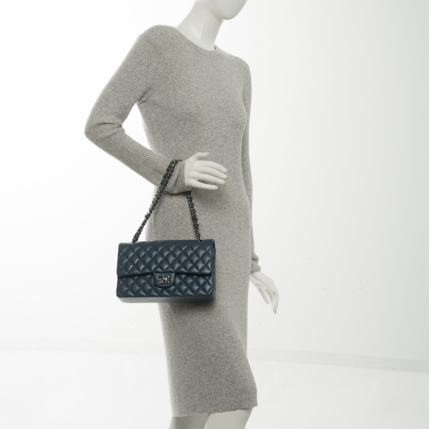 Lambskin Quilted Medium Double Flap Dark Blue