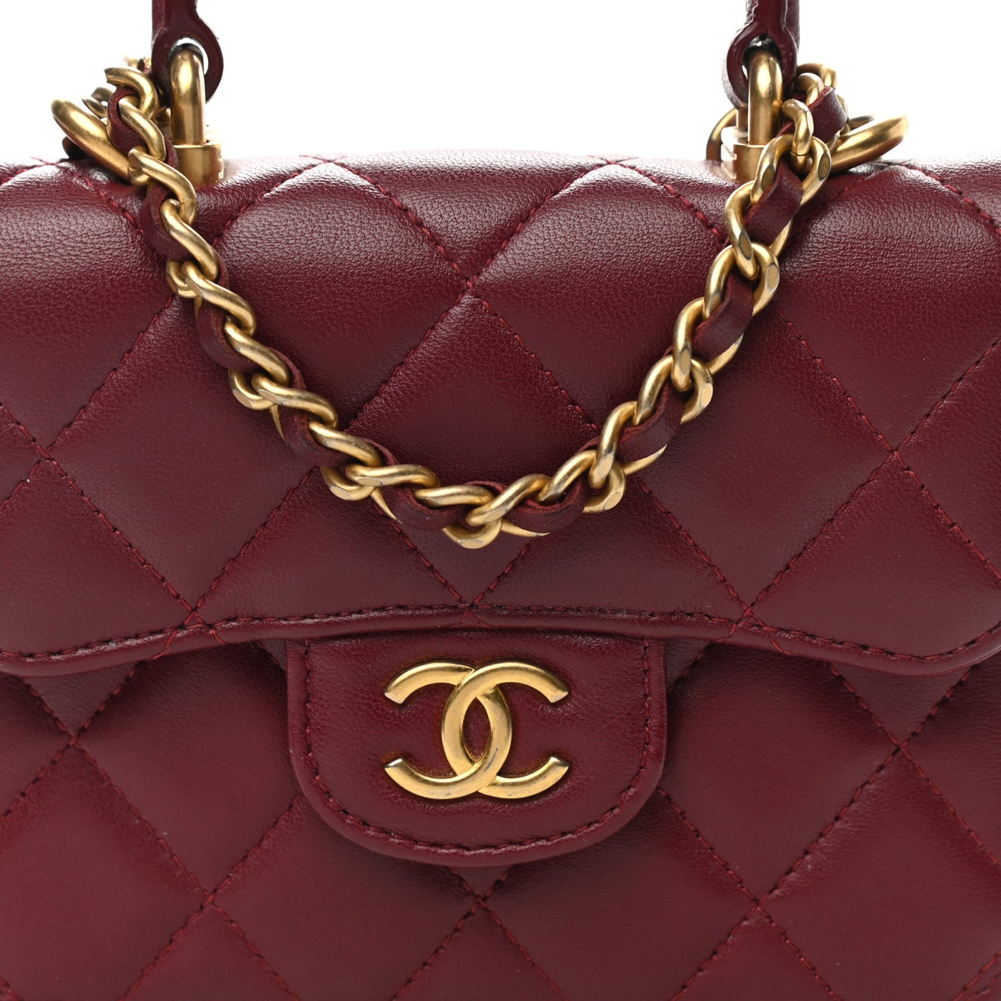 Lambskin Quilted Top Handle Flap Coin Purse With Chain Burgundy