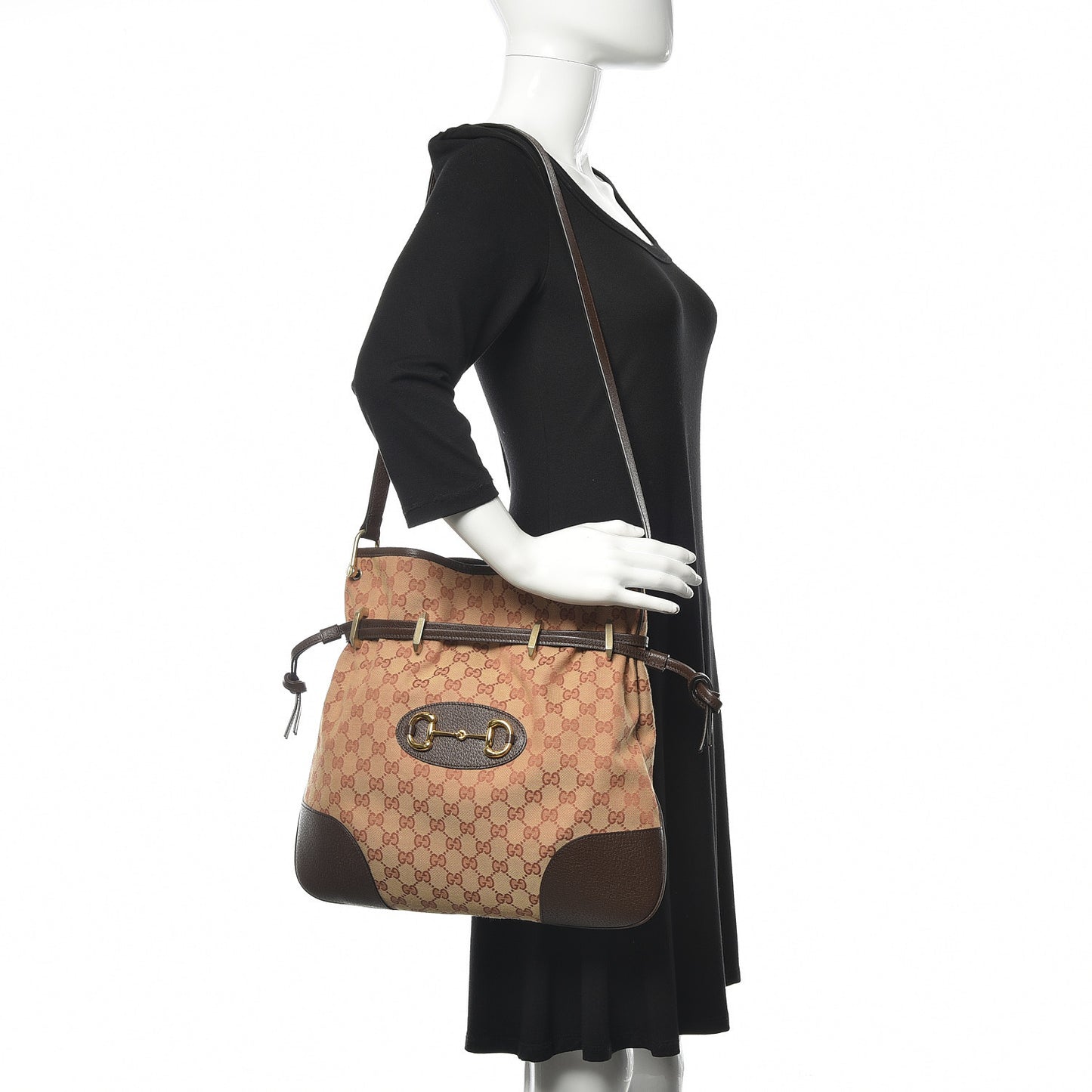 Monogram Textured Dollar Calfskin Horsebit 1955 Cinch Top Messenger Bag Beige Ebony Cocoa