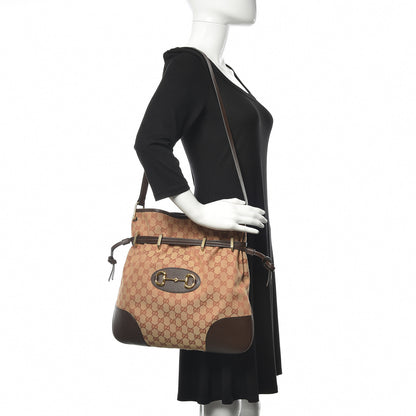 Gucci Monogram Textured Dollar Calfskin Horsebit 1955 Cinch Top Messenger Bag Beige Ebony Cocoa 2 of 9