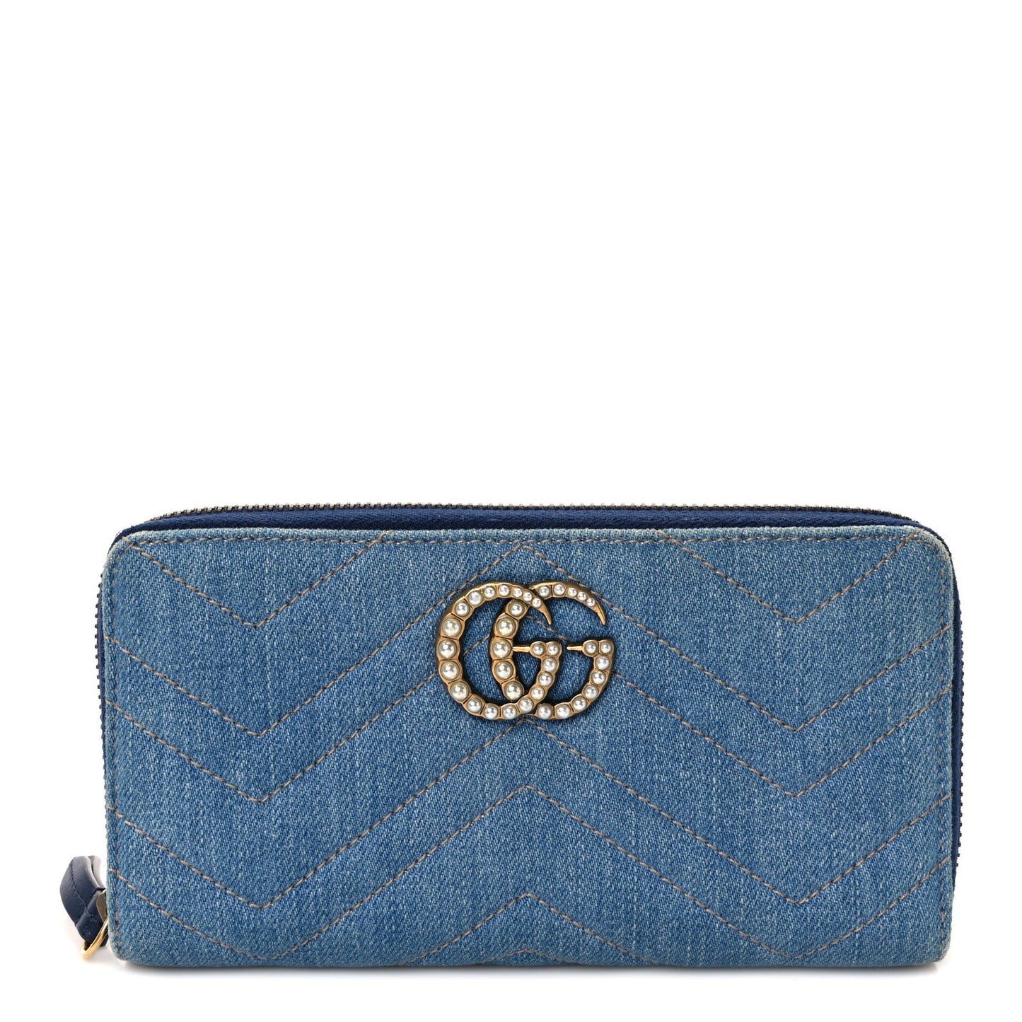 Denim Matelasse Pearly GG Marmont Zip Around Wallet Blue