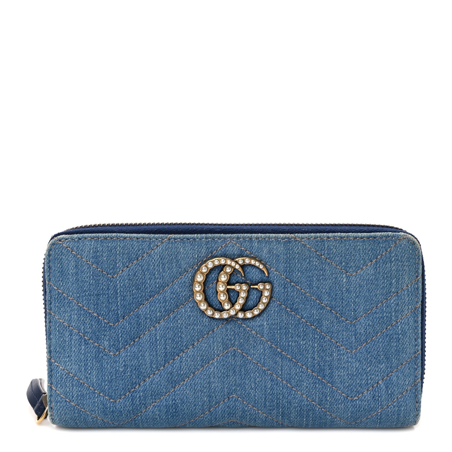 Gucci Denim Matelasse Pearly GG Marmont Zip Around Wallet Blue 1 of 9