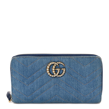 Gucci Denim Matelasse Pearly GG Marmont Zip Around Wallet Blue 1 of 9