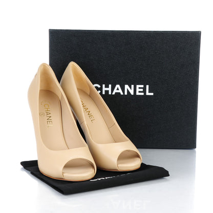 Chanel Lambskin Pearl Peep Toe Pumps 40 Beige 9 of 9