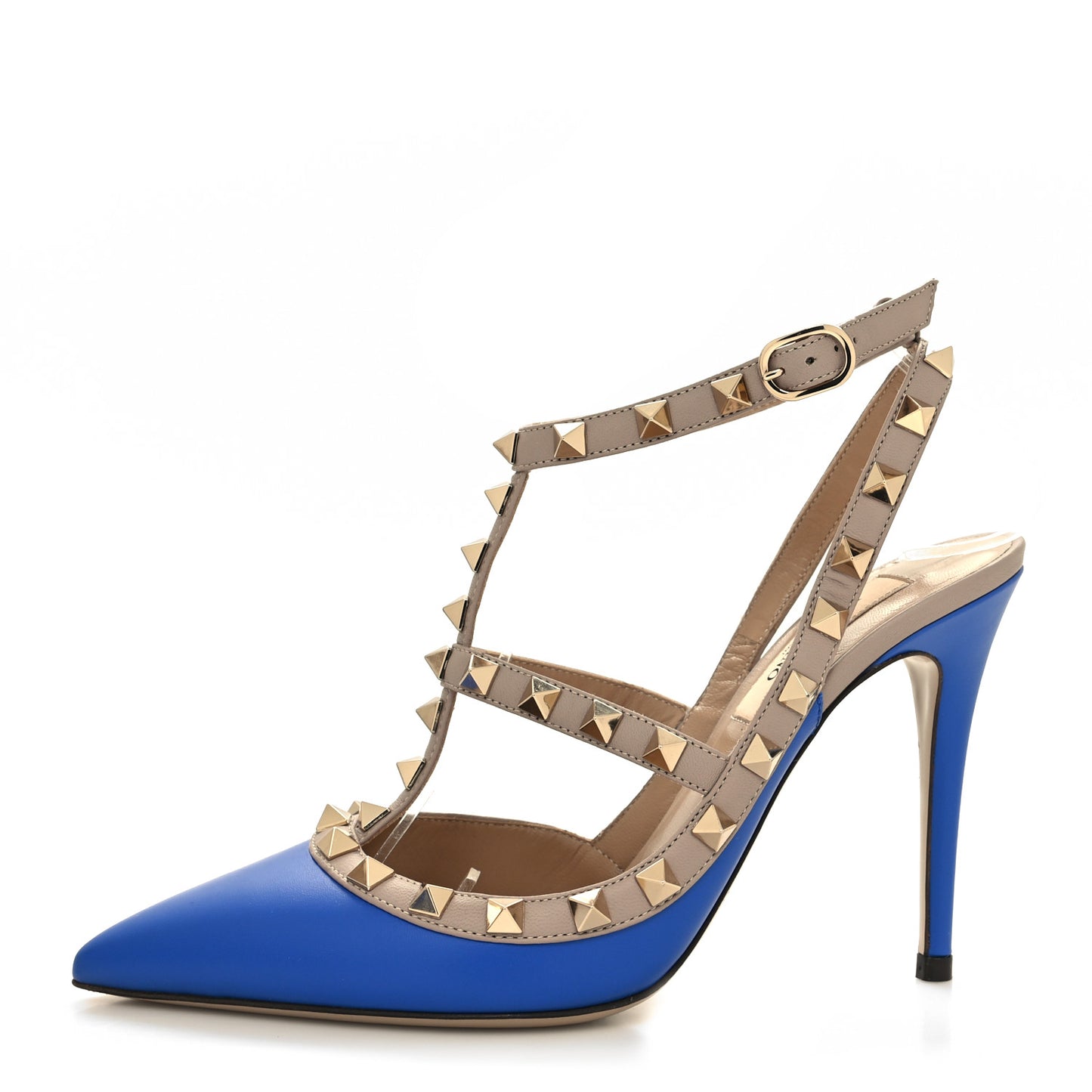 Calfskin Nappa Rockstud Ankle Strap 100mm Pumps 36 Sapphire Poudre