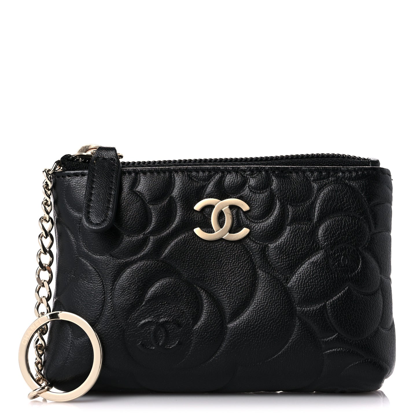 Lambskin Camellia Embossed Key Holder Case Black