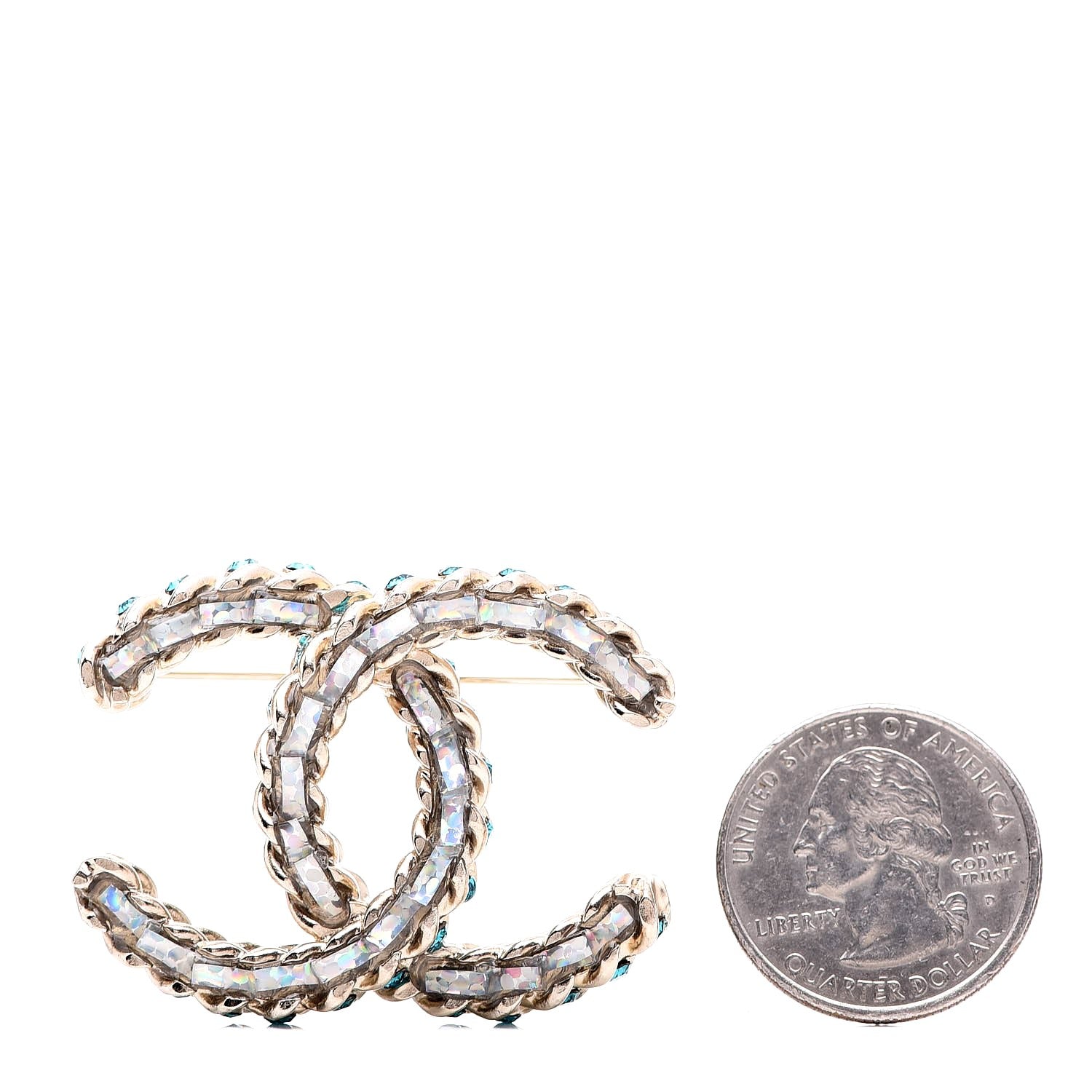 Chanel Iridescent Crystal CC Brooch Blue Gold 3 of 5