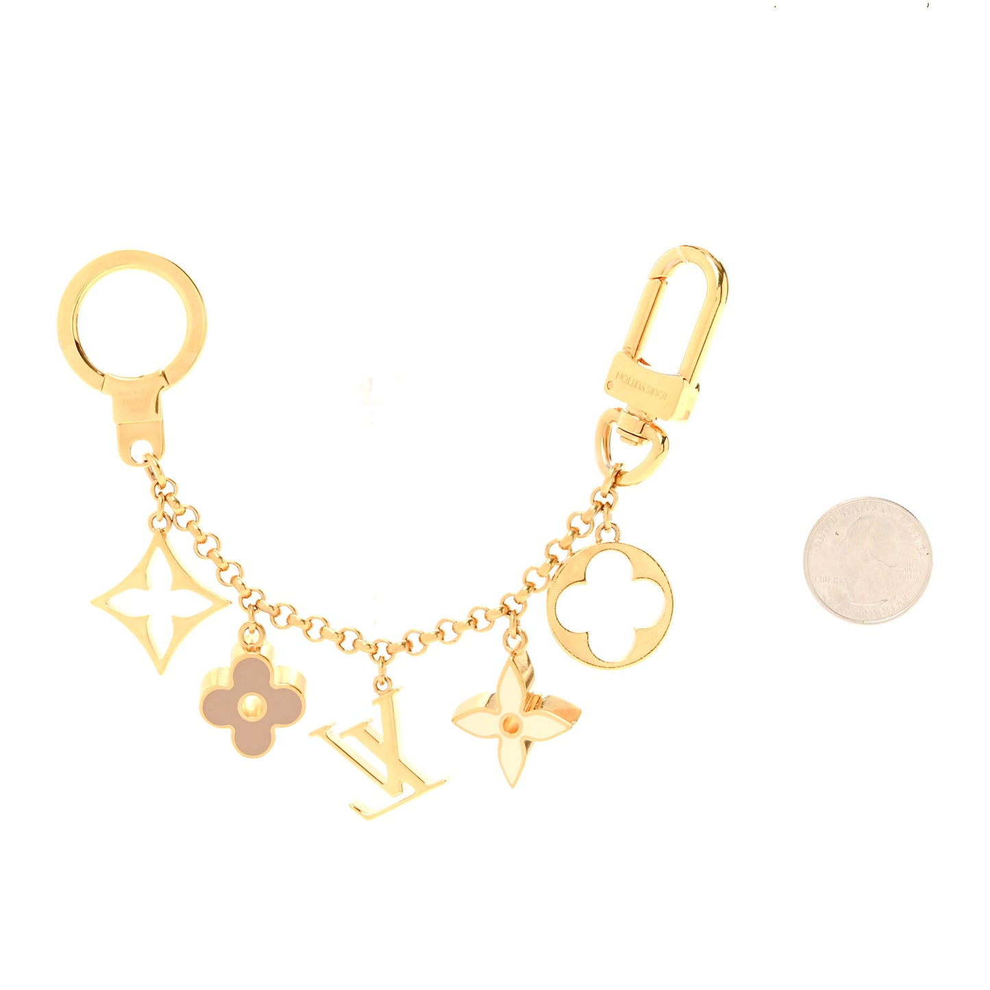 Brass Enamel Fleur De Monogram Bag Charm Chain Gold