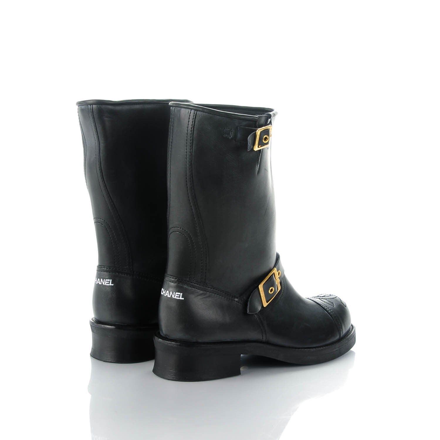 Chanel Distressed Calfskin Cap Toe Motorcycle Boots 38 Black 4 of 7