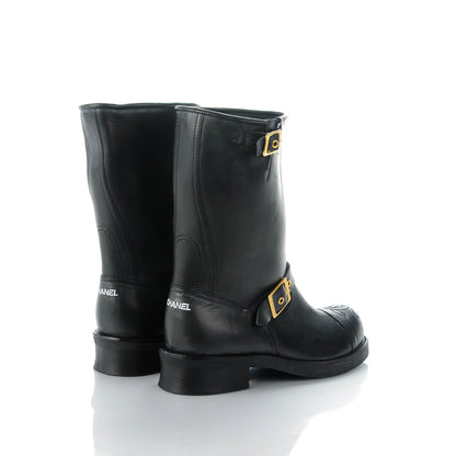 Chanel Distressed Calfskin Cap Toe Motorcycle Boots 38 Black 4 of 7