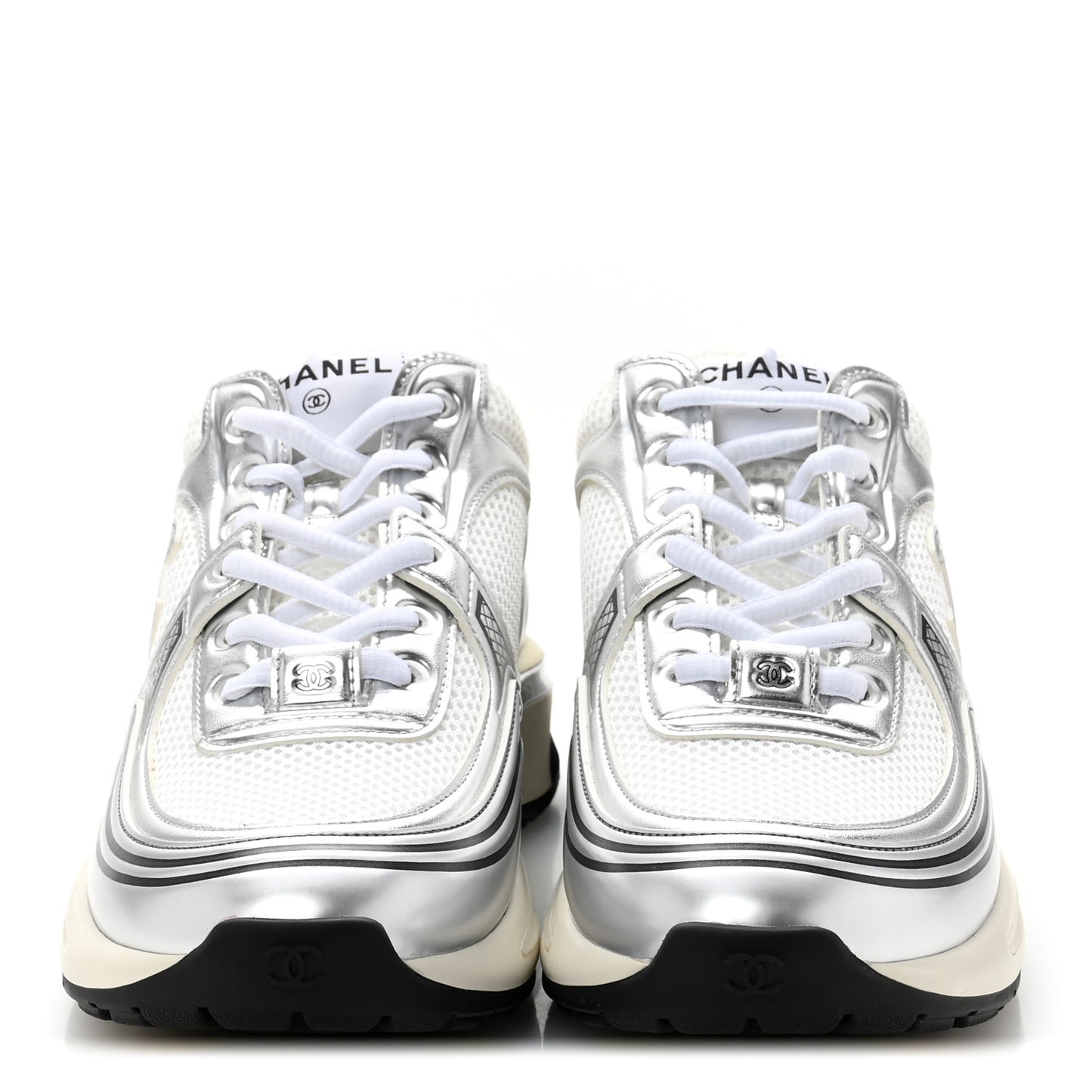 Fabric Laminated Calfskin Stretch CC Sneakers 39.5 White Silver